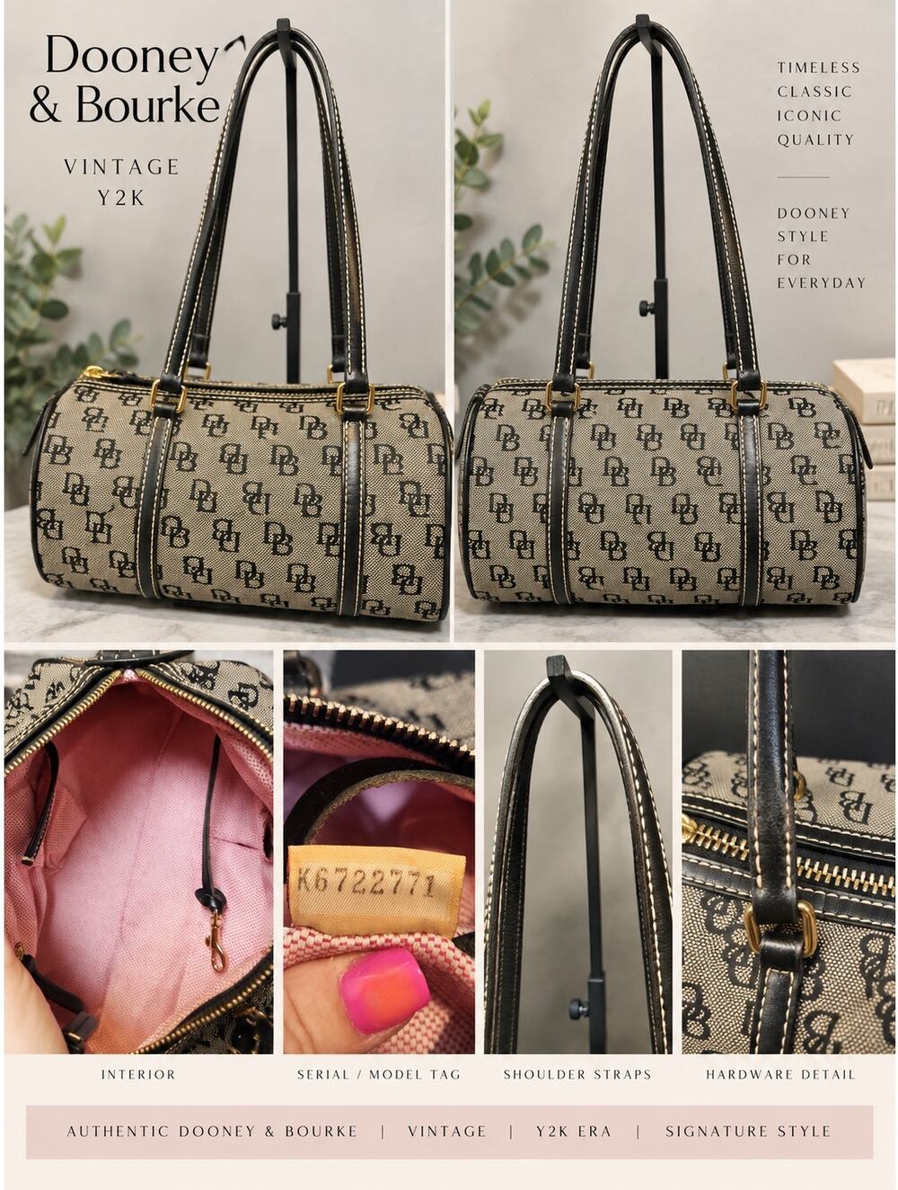 Vintage Y2K Dooney & Bourke Signature DB Monogram Barrel Bag Black